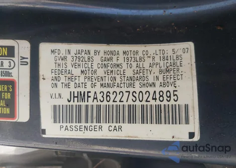 2007 Honda Civic Hybrid from USA, damaged, VIN JHMFA36227S024895